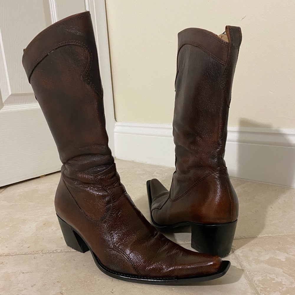 Brown Cowgirl Boots - Snip Toe Genuine Leather 8